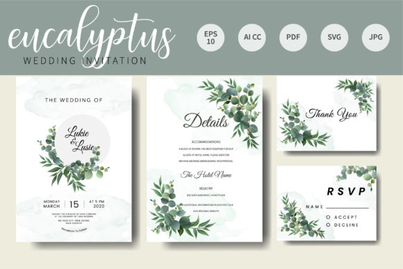 Eucalyptus Wedding Invitation Card and Print Templates